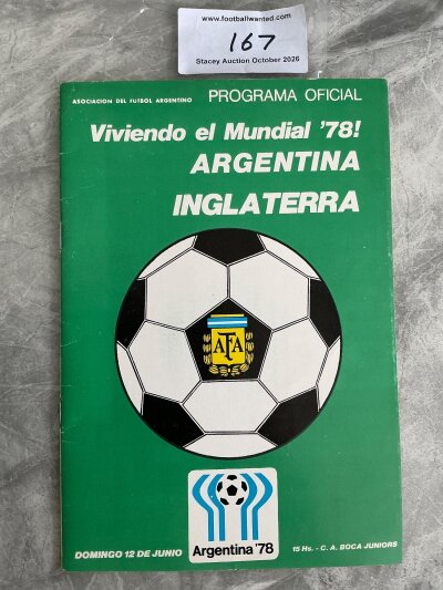 1978 Argentina v England Football Programme: Excellent condition programme dated 12 June 1978 with no writing. Friendly ended 1-1 with Bertoni and Cherry sent off.