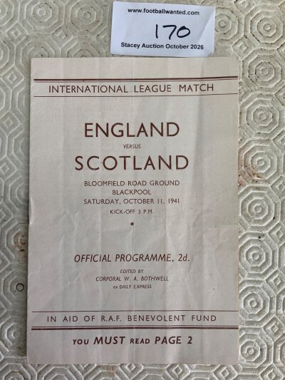 1941 England v Scotland Inter League Football Programme: Played at Blackpool on 11 10 1941. Good condition 4 pager with team changes. Folding.