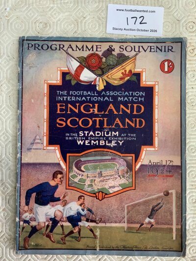 1924 England v Scotland Football Programme: Good condition with no team changes. It’s unusual for this very rare programme to have not had restoration work but we can not see any. Couple of tiny scuffs. Englands first International at Wembley 102 years ago.