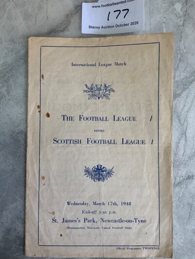 1948 Football League v Scottish League Football Programme: Fair condition programme played at Newcastle with no team changes. Score and tiny marks to cover.