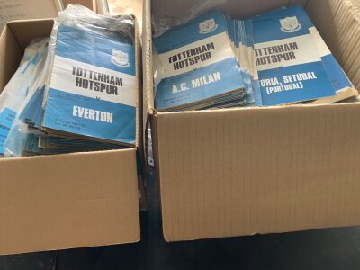 Tottenham 1970s Home Football Programmes: Probably thousands covering most if not all games with stacks of the early 70s European homes. We did not find any written in but there is duplication obviously with there being so many. (4 large boxes)