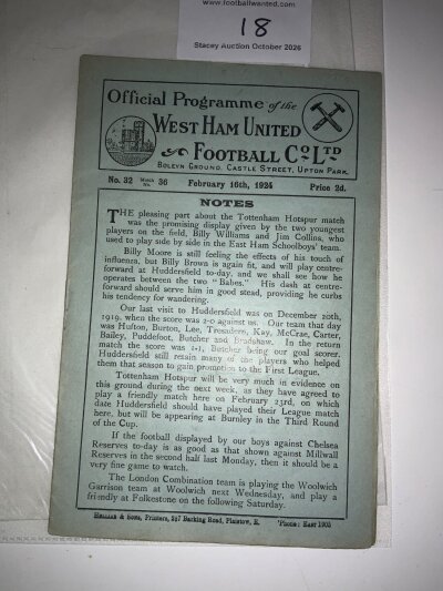 1923 - 1924 West Ham v Chelsea Reserves Football Programme: Excellent condition dated 16 2 1924 with no team changes.
