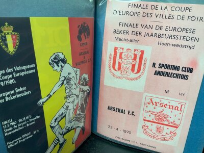 Arsenal Big Match Football Programmes: Testimonials include Adams Brady Merson OLeary Winterburn Dixon Rix and McLintock. There are Charity Shields, League + FA Cup finals, Youth Cup matches, 2 x 2006 sealed Champions League finals, 1970 Fairs Cup final v Anderlecht away, 1950s London Cup finals and more. (4 folders)