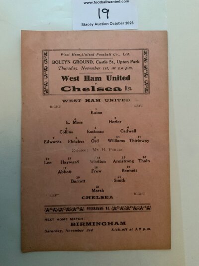 1923 - 1924 West Ham v Chelsea Reserves Football Programme: Rare salmon single sheet for friendly  dated 1 11 1923 with no team changes. Excellent.
