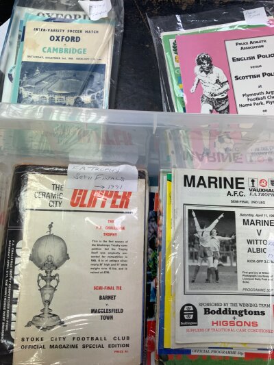 Minor Football Programmes: Includes many Vase + Trophy semi finals, Police Games, Sunday Cup, Schools,  Oxford v Cambridge, Women’s, Charity and much more. Quantity with instructions to sell.