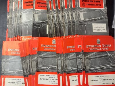 Swindon Town Home Football Programmes: 50 from the mid to late 50s with 350+ from the 60s decade with and a further 100 from the early 70s. Excellent condition with duplication. (500+)