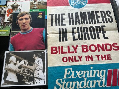 Billy Bonds West Ham Football Memorabilia: Large poster titled The Hammers In Europe Billy Bonds Only In The Evening Standard. C/W signed photo and a few big match programmes.