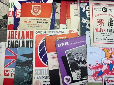 England Away Football Programmes: Private incomplete collection spanning the period 1951 to 1989. Some harder to obtain. Excellent condition. (2 box files)