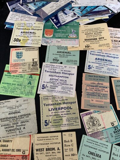 Tottenham Football Tickets + Season Tickets: Tickets include FA Cup at 71/72 Leeds, 74/75 Everton, League Cup semi finals 68/69 71/72 and league matches at home v 65/66 West Brom and Chelsea plus FA Cup finals fixture lists and more. (120)