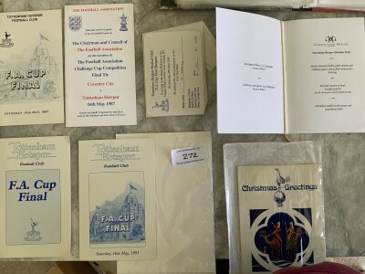 Tottenham FA Cup Final Football Menus: 1987 banquet menu held at White Hart Lane the evening of the match and official luncheon menu with seating plan held at Wembley. From 1991 there is Ron Henrys own invite and menu for the evening of the match at the Hilton plus  a further menu arranged by Tottenham.