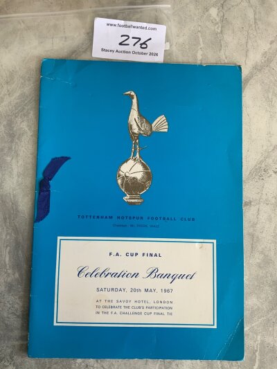 1967 Tottenham FA Cup Final Football Menu: nice menu with blue ribbon for celebration at the Savoy Hotel the evening of the triumph over Chelsea.