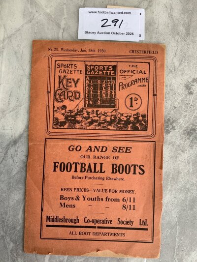 29/30 Middlesbrough v Chesterfield FA Cup Football Programme: Very good condition league match with pencilled team change. Small paper loss to lower border.