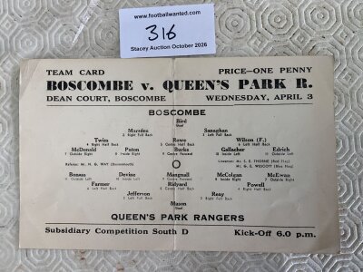 1939 - 1940 Bournemouth v QPR Football Programme: Good condition league match with no team changes dated 3 4 1940. Single card has fold.