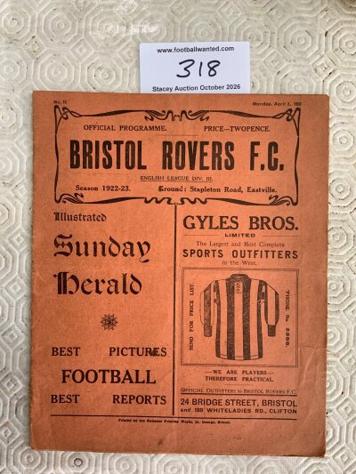 1922 - 1923 Bristol Rovers v Merthyr Town Football Programme: Good condition division three match with no team changes. Tear on spine.