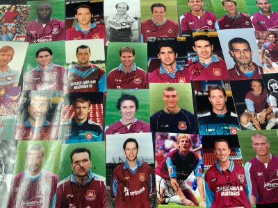 West Ham Signed Football Photo Collection: Postcard size official colour photos with undedicated hand signed autograph. Includes Repka Bonds Brooking Miklosko Moncur Breaker Dicks Sheringham Lampard Pop Robson Gabbidon and many more. 100 photos of which 53 are signed.