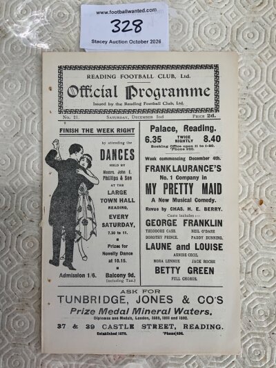 1922 - 1923 Reading v Bristol Rovers FA Cup Football Programme: Very good condition with no team changes.