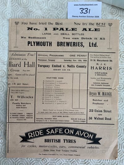 1930 - 1931 Torquay United v Notts County Football Programme: Good condition large 4 page sheet with no team changes. Small tear on fold.