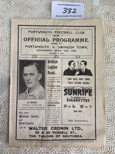 1923 - 1924 Portsmouth v Swindon Town Football Programme: Good condition league programme with writing to team page. Rusty staple.