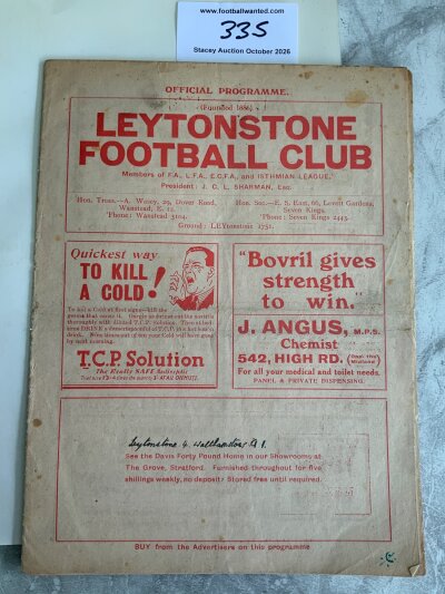 37/38 Leytonstone v Walthamstow Football Programme: London Senior Cup match in good condition with team changes and score to cover.
