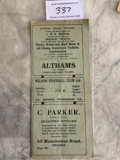 1930 - 1931 Nelson v Stockport County Football Programme: Rare division 3 gatefold programme dated 31 1 1931 in very good condition with no team changes. 1931 was their last season in the football league.