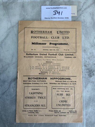 35/36 Rotherham v Chesterfield Football Programme: Good condition league match with no team changes.