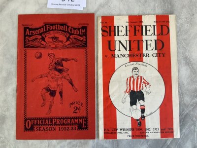 Sheffield United Pre War Football Programmes: 38/39 home Manchester city good condition FA Cup match with no team changes. C/W 32/33 Arsenal away with team changes which was not only the season Arsenal won the league but the 9-2 win for Arsenal was the joint top scoring match that season. (2)