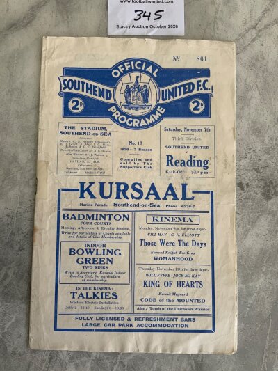 36/37 Southend v Reading Football Programme: Fair condition league match with no team changes. Staple been replaced and rust marks to centre page.