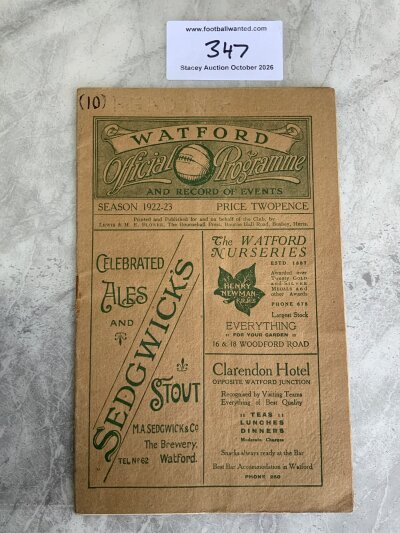 1922 - 1923 Watford v Reading Football Programme: Good condition league match with no team changes. Number written to cover and small stain to border inside.