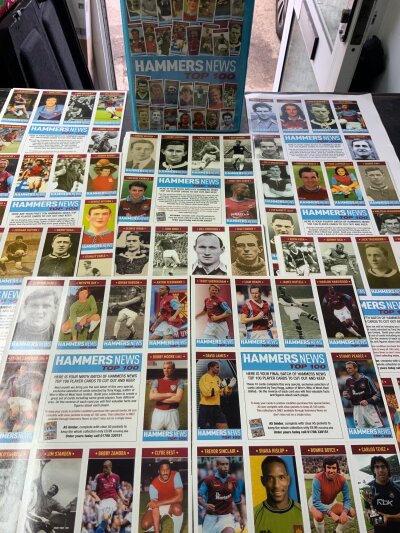 Hammers News Top 100 West Ham Player Cards: Full uncut set of 100 cards plus empty album in excellent condition.