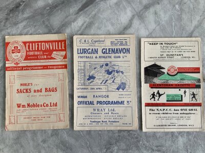 1950s Irish Football Programmes: Mid to late 50s programmes in excellent condition. Includes one home programme of Cliftonville Glenavon Glentoran Distillery Dundalk Limerick Shelbourne Bangor and Portadown. (9)