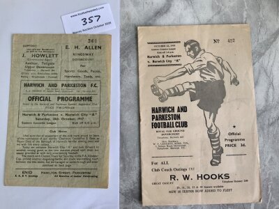 Harwich + Parkeston v Norwich City A Football Programmes: 47/48 + 55/56 both in the Eastern Counties League. Both very good with 47/48 having score written inside. (2)