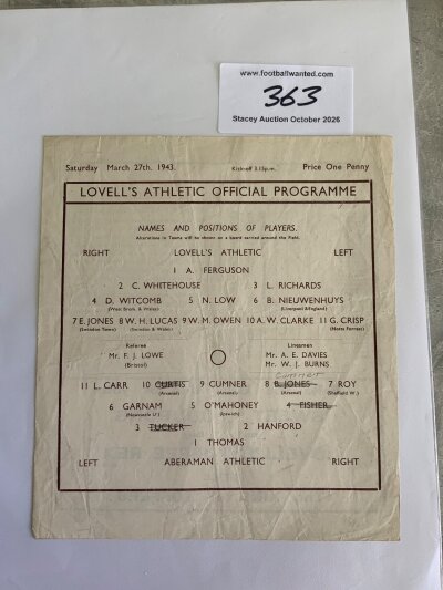 42/43 Lovells Athletic v Aberaman Football Programme: Single sheet dated 27 3 1943 in good condition with pencilled team changes.