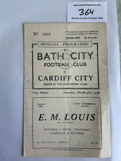 45/46 Bath City v Cardiff City Football Programme: southern League match dated 9 3 1946. Good condition with no team changes. Fold.