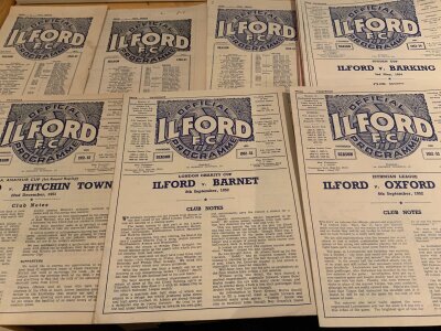 Ilford Home Football Programmes: Leytonstone Essex Thameside final then 28 from the 50s from various competitions which include Amateur Cup, Isthmian League Essex Senior Cup etc. Good. (29)