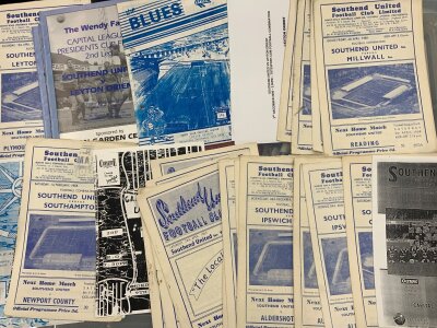Southend United Home Reserve + Youth Home Football Programmes: From the mid 50s onwards with duplication and includes 49/50 Birmingham. Mainly good with a few having punch holes. (Est 50)