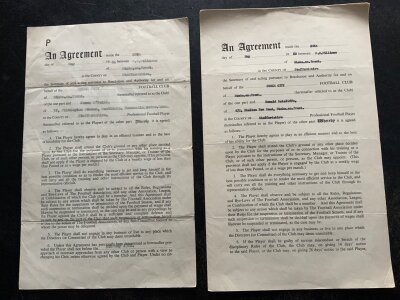 Stoke City Football Contracts: 60/61 contract for Don Ratcliffe which is hand signed by the player who played 238 times for City before joining Middlesbrough. C/W a 61/62 signed contract for Jimmy ONeill who played 130 times for City. (2)
