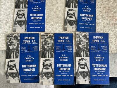 1962 Charity Shield Football Programmes: Ipswich v Tottenham played at Portman Road. 5 good condition copies all with no team changes. (5)