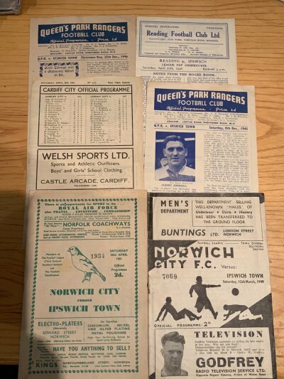 Ipswich Town Away 1940s + 1950s Football Programmes: Includes 45/46 Reading, QPR, 46/47 QPR, Cardiff, 48/49 Norwich, Harwich + Parkeston, 50/51 Norwich. C/W 20 x 53/54. Mostly good. (27)