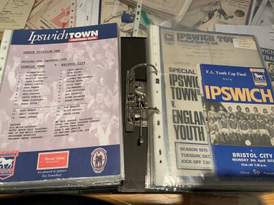 Ipswich Town Home Youth Football Programmes: 3 large folders from 1973 Youth Cup Final up to modern with many team sheets. C/W folder from 1998 onwards of 1st X1 team sheets up to and including covid seasons. (est 400)