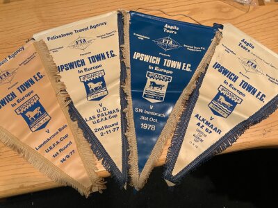 Ipswich Town Football Pennants: Tour pennants from travel agency for 77/78 Las Palmas, Landskrona Bois, 78/79 Innsbruck, Alkmaar. C/W 3 different 60s pennants. (7)