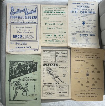 49/50 Ipswich Town Away Reserve Football Programmes: Includes Colchester in the Eastern Counties League plus reserves at Watford Leicester Southend Plymouth and Birmingham. Good. (6)