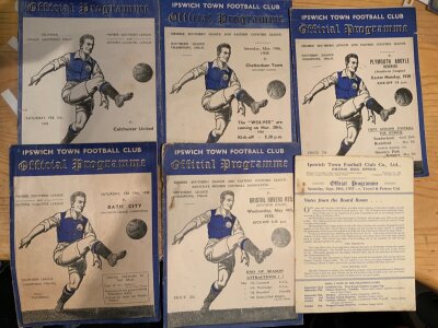 37/38 Ipswich Town Home Football Programmes: Friendlies v Sunderland Wolves Brentford and Southern League matches from championship season v Yeovil + Petters, Colchester, Bath, Cheltenham, Plymouth, Bristol Rovers. Fair/good. (9)
