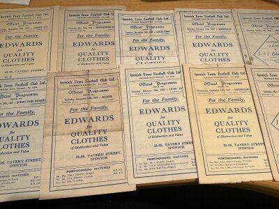 47/48 + 48/49 Ipswich Town Home Reserve Football Programmes: Football Combination single sheets from 47/48 v both Luton + Birmingham in league and cup plus Cardiff QPR Reading Northampton. C/W 48/49 Swindon and Birmingham. Good. (10)