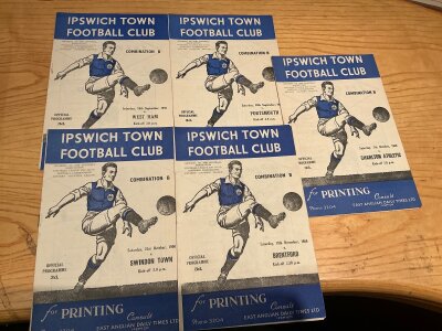 50/51 Ipswich Town Home Reserve Football Programmes: 5 x Football Combination league matches v West Ham Brentford Portsmouth Swindon and Charlton. C/W 6 x Combination cup v Arsenal semi final Coventry Norwich Birmingham Luton and Northampton. Good. (11)