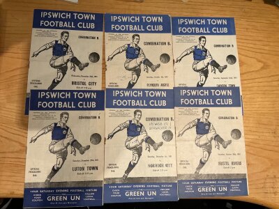 51/52 Ipswich Town Home Reserve Football Programmes: Football Combination league matches v  Plymouth Bristol Rovers Luton Bristol City Brighton Norwich + Swindon. Combination cup games v Coventry Luton Watford Norwich and Northampton. Good. (12)
