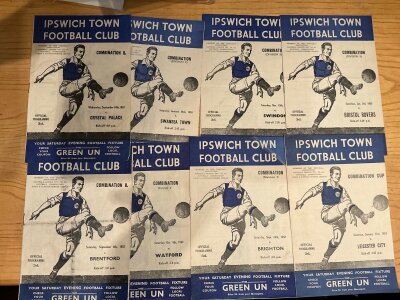 52/53 Ipswich Town Home Reserve Football Programmes: Football Combination league matches v Bristol Rovers Watford Swansea Crystal Palace Brentford Brighton and Swindon. Combination cup games v Luton Watford Coventry Norwich Birmingham Leicester and Northampton. Good. (14)