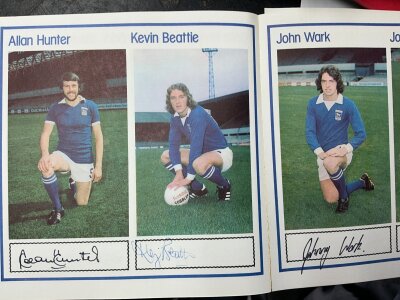 Ipswich Town Signed Football Pictures: Modern signed collection of around 100 Ipswich player autographs. C/W 1976 annual which has autographs of Whymark Osbourne Lambert Woods Cooper Johnson Wark Beattie Mills Talbot Hunter and manager Robson.