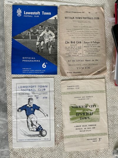 Ipswich Town Away Football Programmes: 69/70 tear + 66/67 Lowestoft, 58/59 Norwich Norfolk Cup, 1950s Witham Essex + Suffolk Border League. Good unless stated. (4)