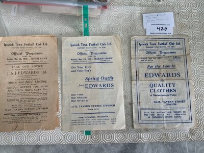 1940s Ipswich Town Hospital Cup Home Football Programmes: 44/45 Chelsea fair, 45/46 Crystal Palace poor, 46/47 Charlton Good. (3)