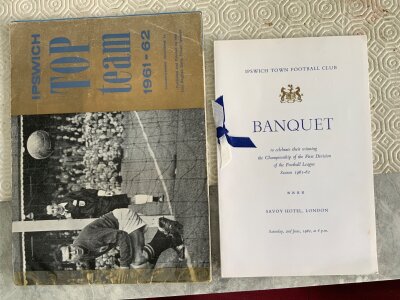 Ipswich Town Football Menus + More: Excellent condition 61/62 championship menu with blue and white tassels held at the Savoy. Invitation tickets to the first annual dinner and also a further dinner menu in 1936 and a Centenary dinner in 88/89. There are testimonial dinner menus for Mills Viljoen Hunter and a centenary dinner signed and dedicated to Paul by Bobby Robson. C/W 2 Order of Services for Alf Ramsey and Patrick Cobbald.
